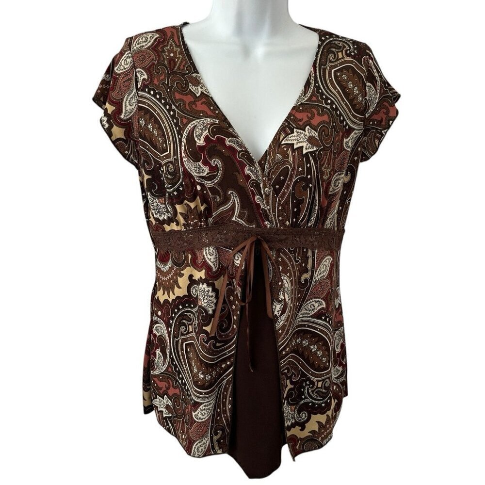 Vintage Womens Paisley Floral Babydoll Top Brown Lace Trim Boho 90s Y2K